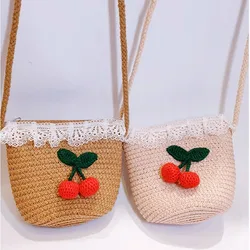 Hot Sale Summer Children Baby Girl Hand Made Plaited Straw Bag Cute Cherry Lace Single Shoulder Crossbody Bags for Kids Girls