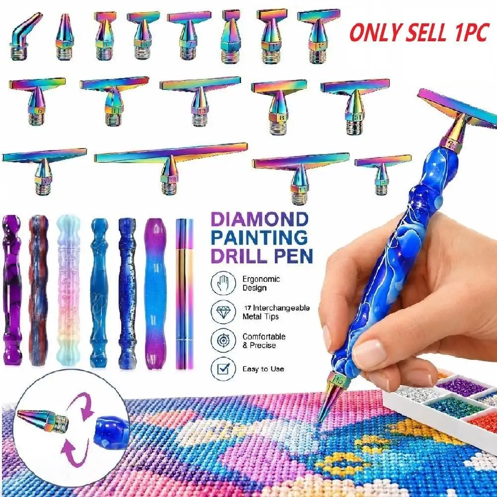 17 Different Types of Colorful Stainless Steel Diamond Painting Pen Tips, DIY Diamond Painting Tool Accessories, Ergonomic Multi-Functional 5D Threaded Interface Diamond Painting Pen Tips