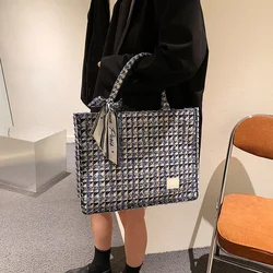 1PC Premium Texture Square Plaid Tote Women's Bags Work Class Commuter Canvas Computer Handbag