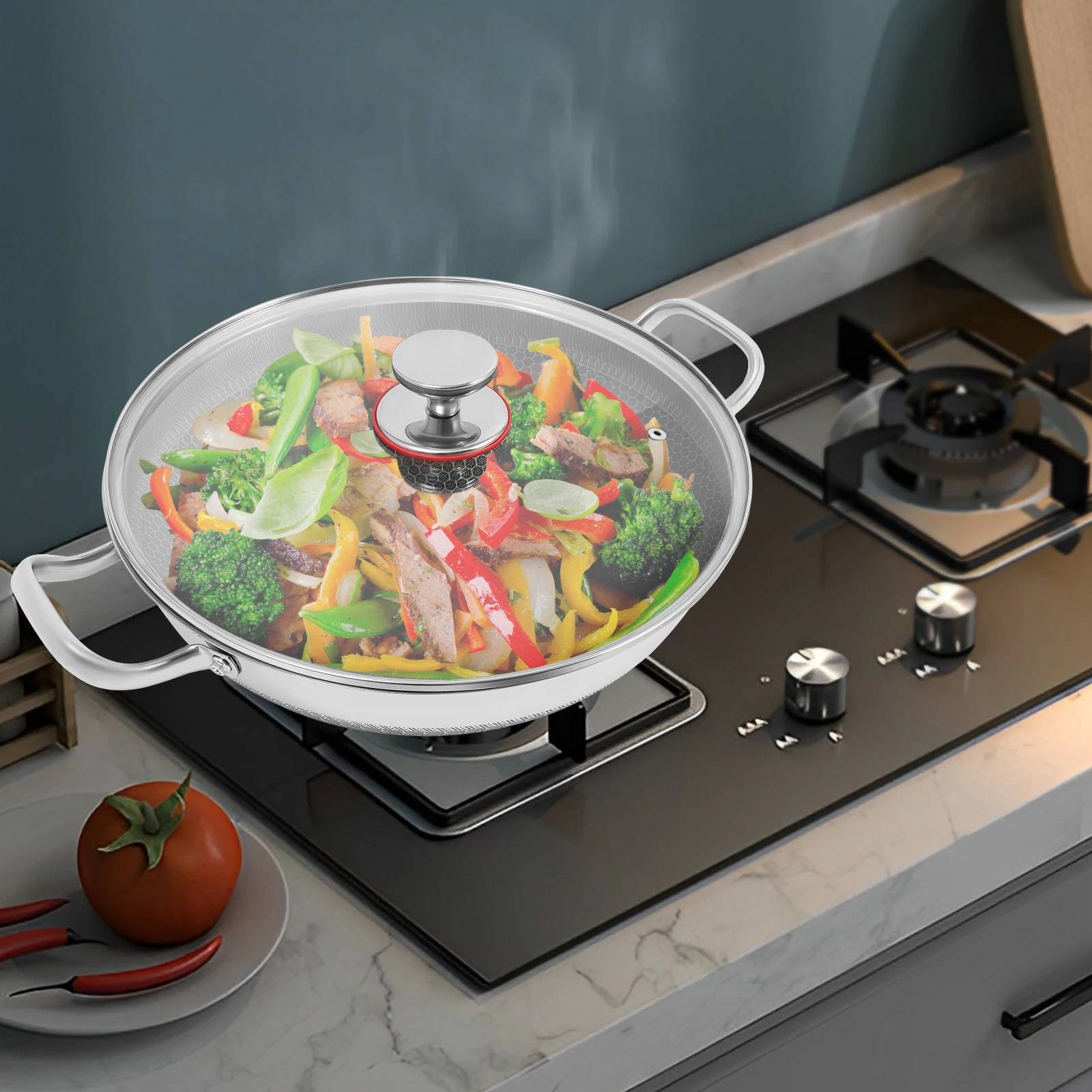 

Сковорода из нержавеющей стали с антипригарным покрытием, 34 см, с крышкой - серебристая