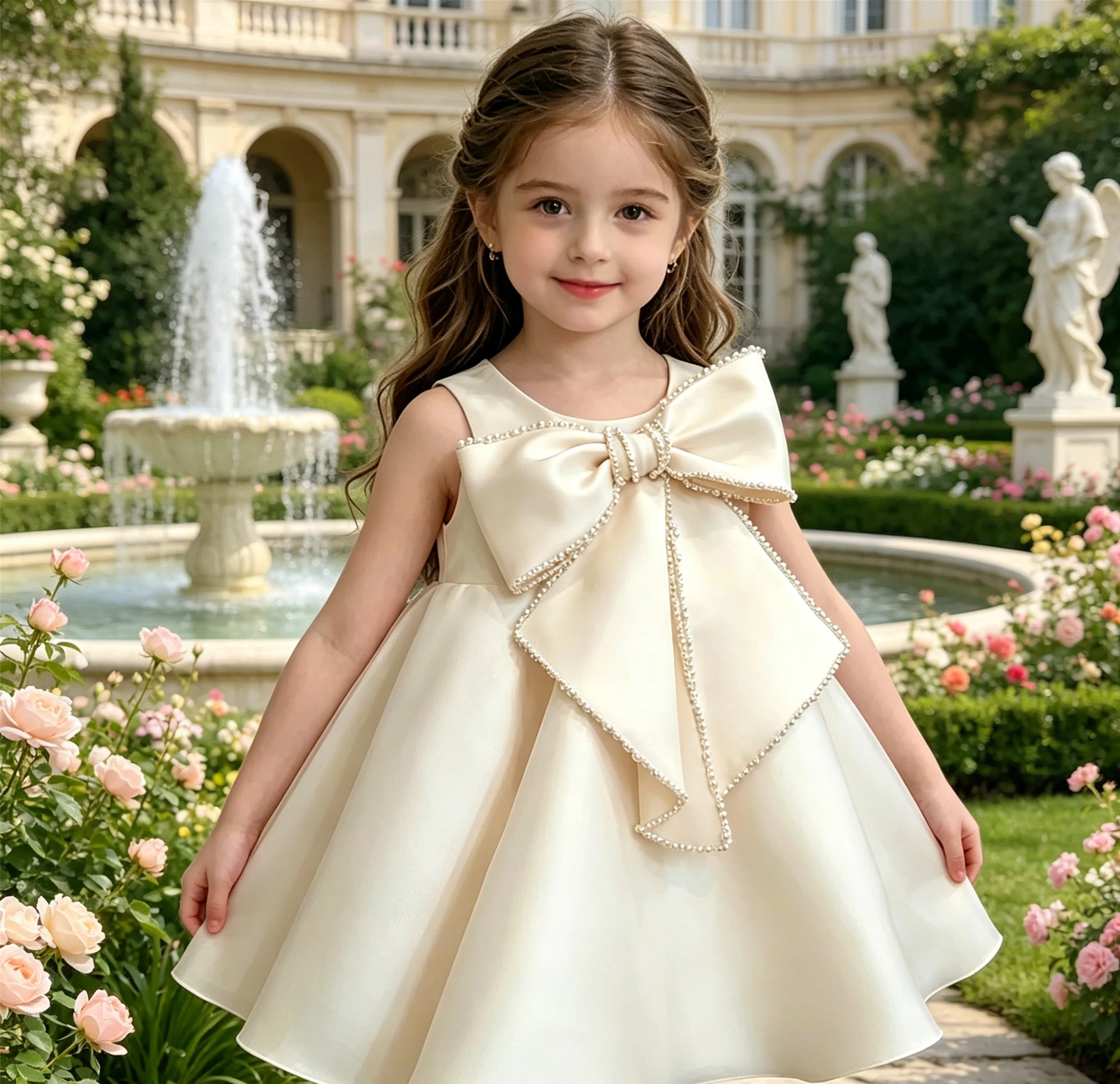 Maßgeschneidertes Blumenmädchenkleid für die Hochzeit, Schleife, Perlen, ärmellos, hohe Taille, knielang, für Kinder, Geburtstag, Erstkommunion