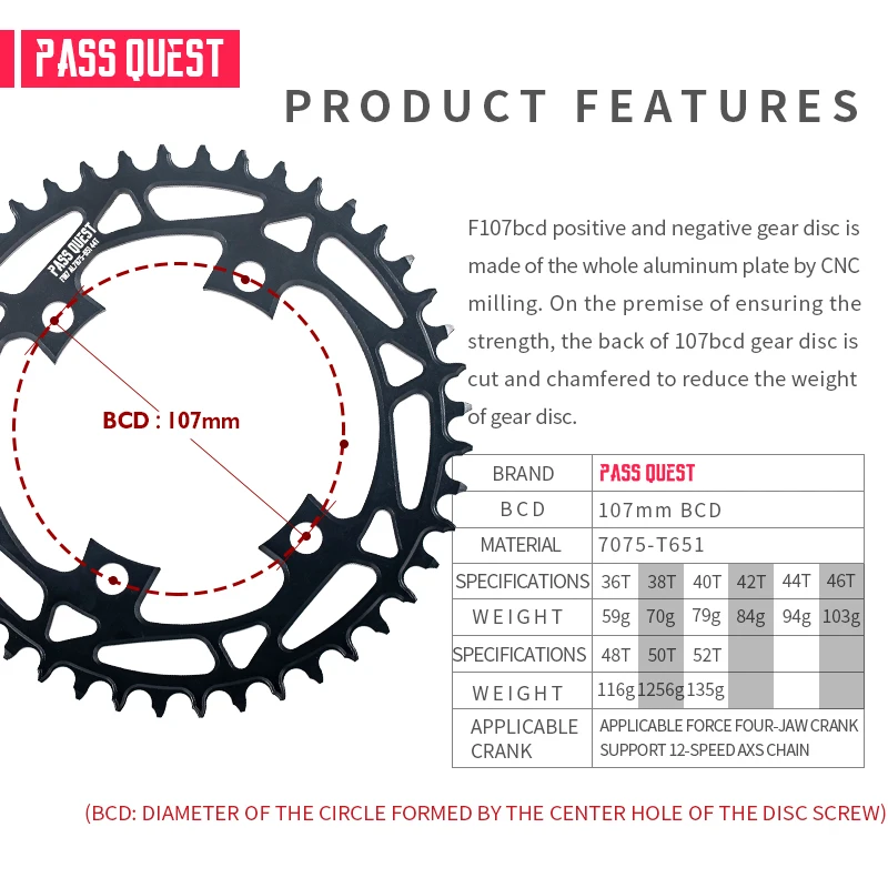 PASS QUEST 107BCD Bicycle 4 Bolt Chainring Narrow Wide Teeth Chainwheel for SRAM FROCE AXS Eagle Electric Variable