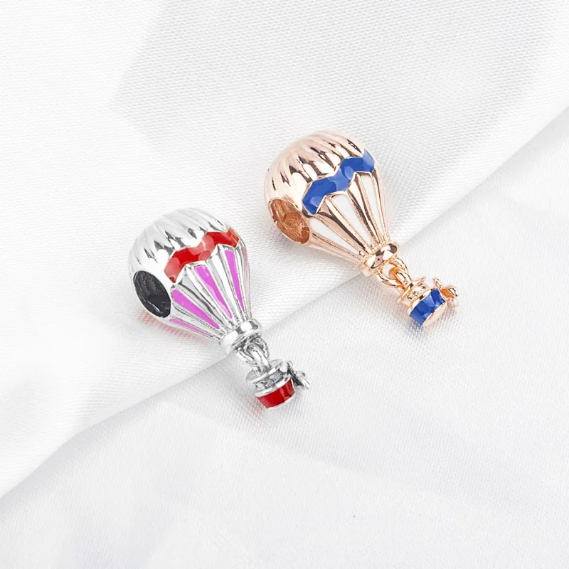 Authentic S925 Sterling Silver Mixed Enamel Rose Air Balloon Pendant Hanging Bead Charm Fit Women Bracelet Bangle DIY Jewelry