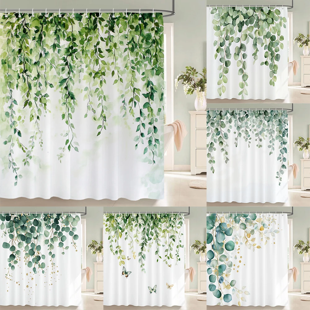 

Fresh Green Leaves and Plants Pattern Shower Curtain Printed Leaves Bathroom Bath Curtain Home Decoration Curtain With Hooks