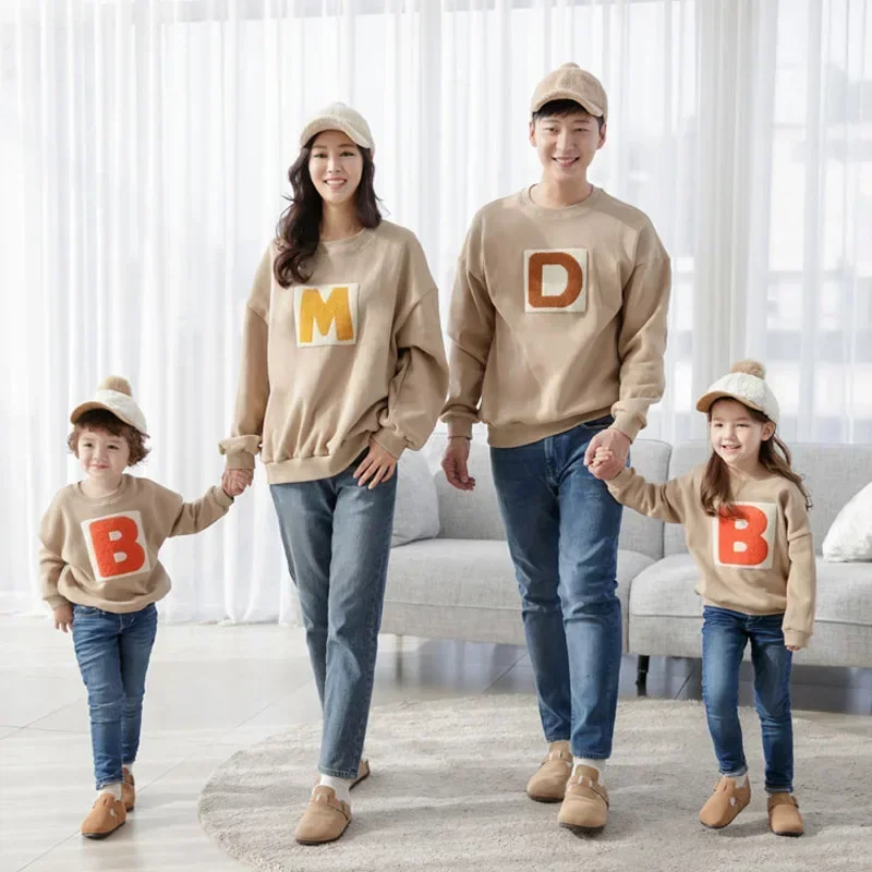 Korean Style Family Matching Outfits Winter Fleece Pajamas Adult Kids Baby Embroidered Letter Sweatshirt Spring Autumn Clothes