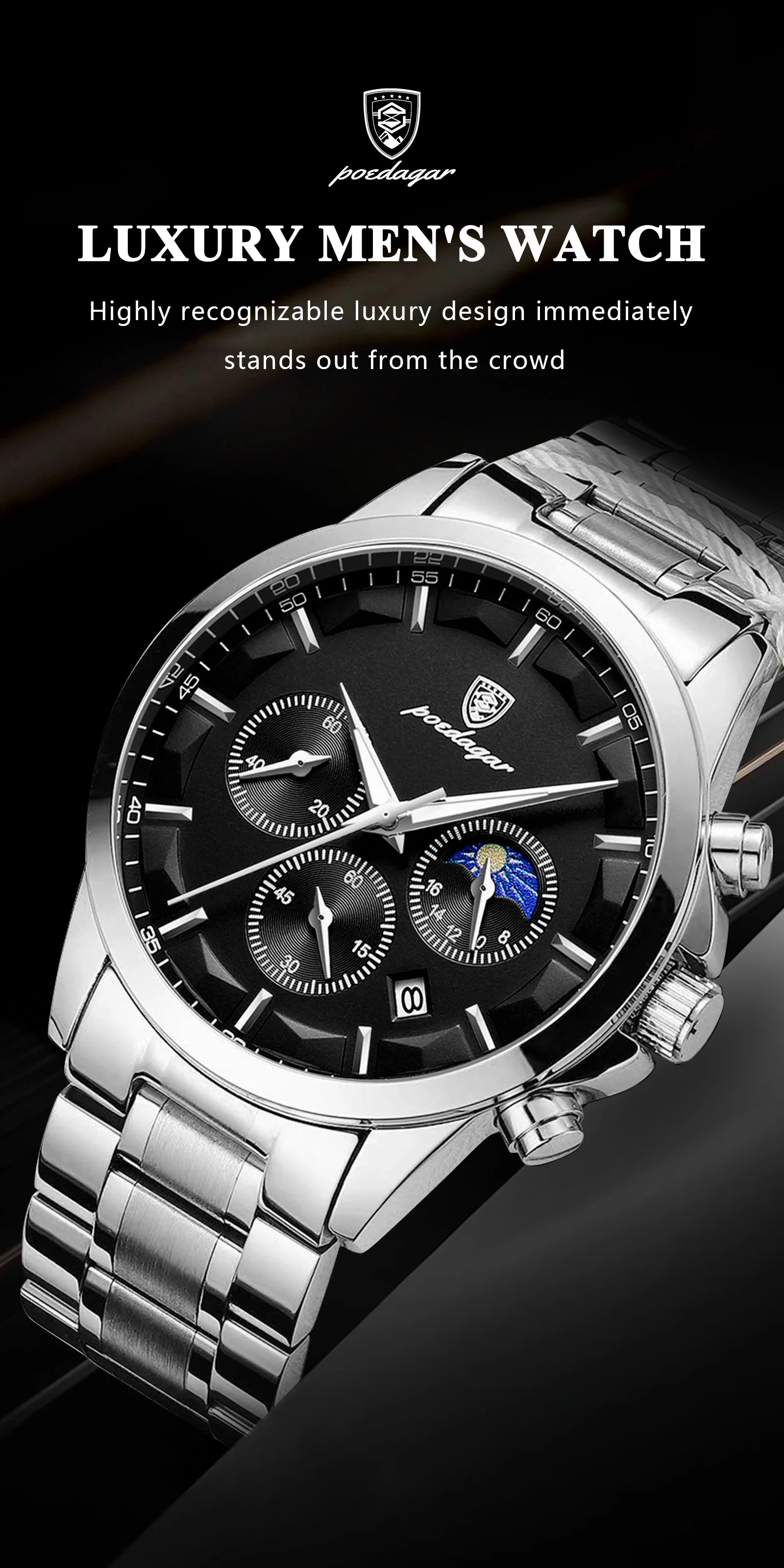 POEDAGAR Herrenuhr Wasserdicht Leuchtend Edelstahl Mode Herrenuhr Chronograph Datum Quarz Business Herrenuhren – Detail 2