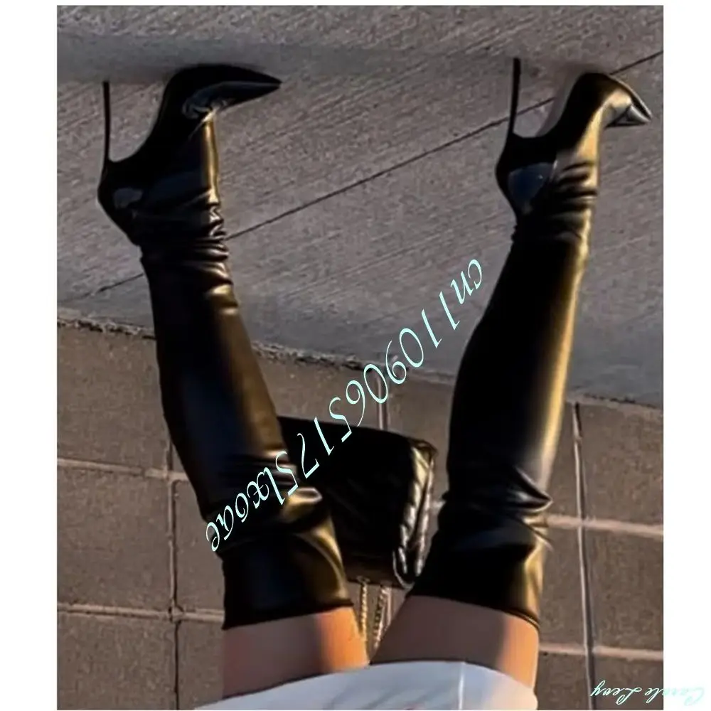Women Patent Leather Ruched Thigh High Boots Black Pointed Ultra Stiletto High Heel Over‑the‑Knee Long Boots Club Party Stage