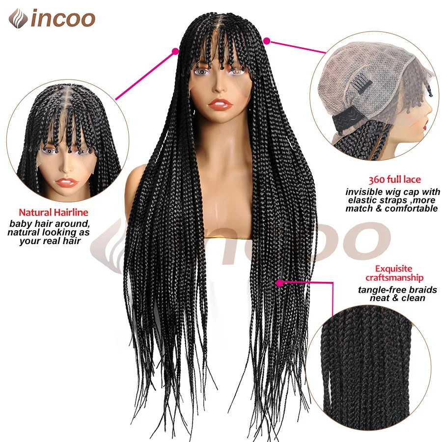 Pelucas trenzadas de encaje completo con flequillo, trenzas Jumbo sintéticas, caja sin nudos Locs, cabello trenzado de aciano para mujeres