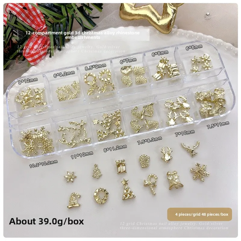 12Grids Christmas Alloy Nail Charms Set Wreath Snowflake Bell Gold Silver Color Nail Rhinestones DIY Nail Art Decor Accessories