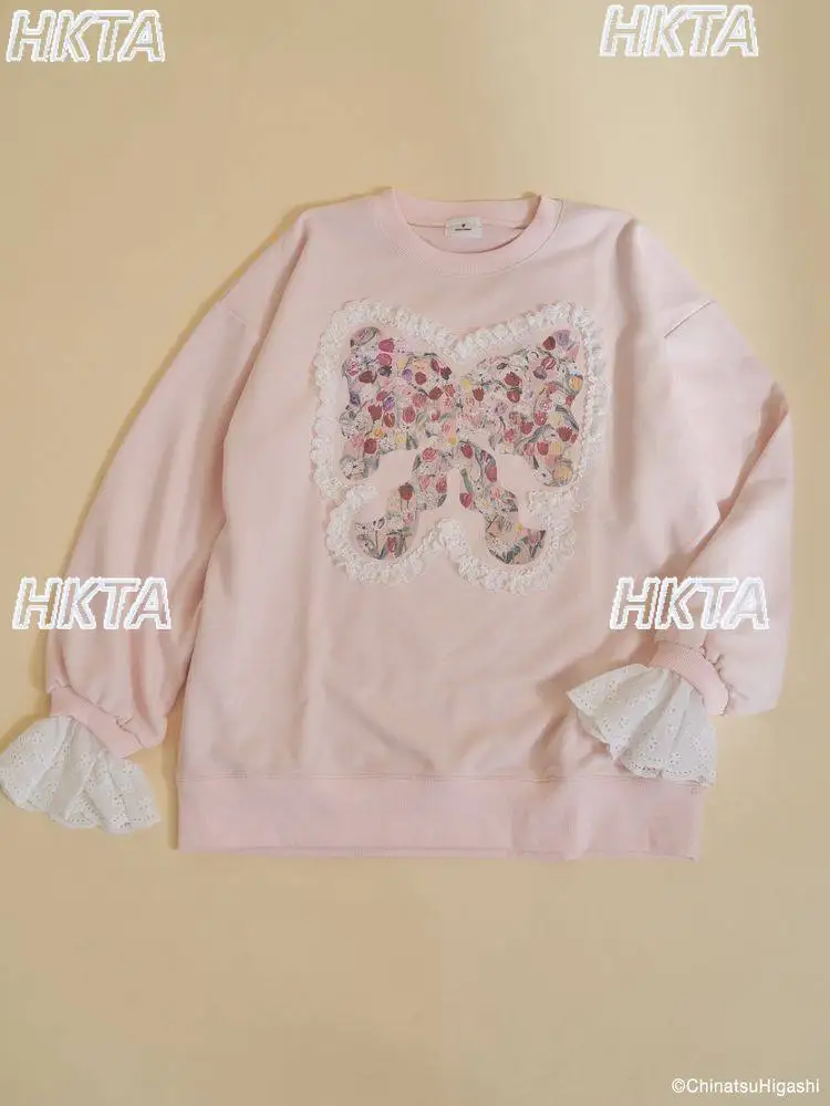 

Свободная толстовка-худи с цветочным узором, лентами и кружевными вставками, весна 2026, японский стиль, серая, для женщин