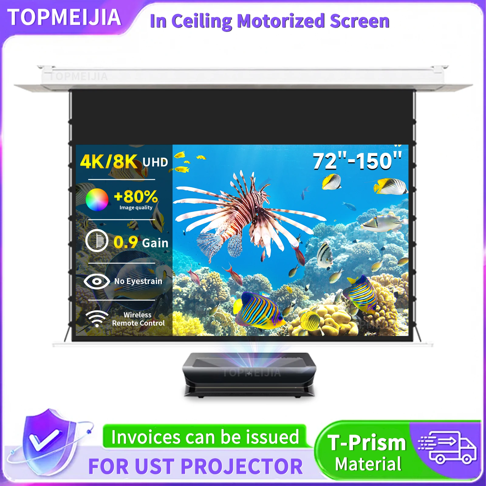 72-150 Inch Ceiling Recessed Projector Screen Motorized Ceiling Drop Down Screen for 4k UST AWOL Epson Samsung Hisense Projector