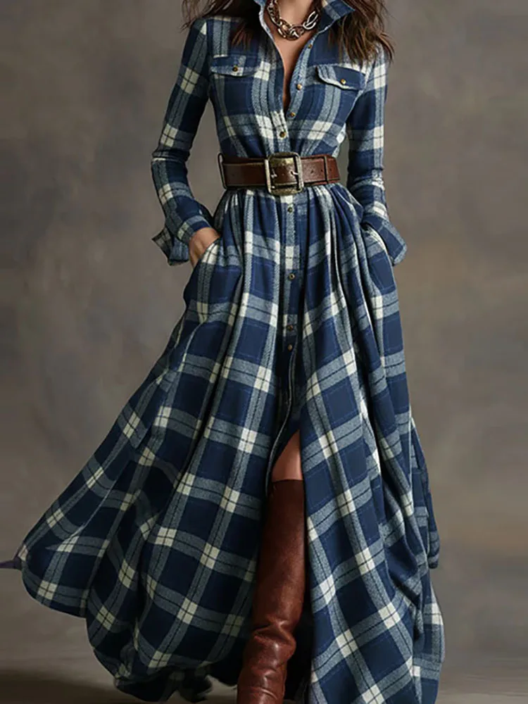 New 2025 Autumn Long Sleeved Plaid Printed Dress Fashion Women's Lapel Pocket Commuting Dress Elegant Loose Pleated Maxi Dresses