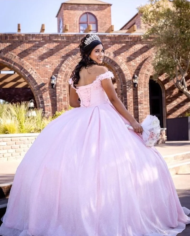 Pink Off The Shoulder Princess Quinceanera Dresses Tulle Ball Gown Dress 3D Flower Sweet 16 Years Prom Wear Vestidos De Fiesta