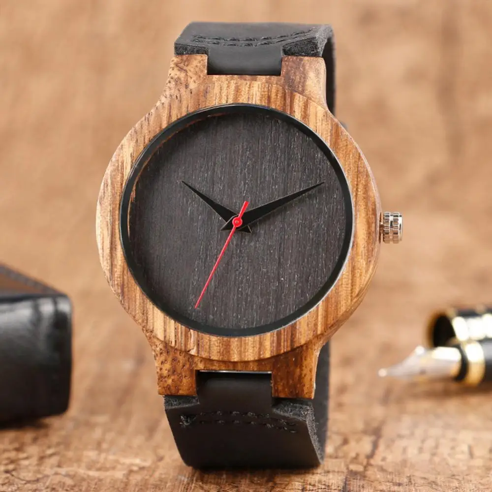 Unisex Top Gift Dial Natural Bamboo Wood Watch Men Women Genuine Leather Wooden Clock Male Reloj Mujer Relogio Feminino