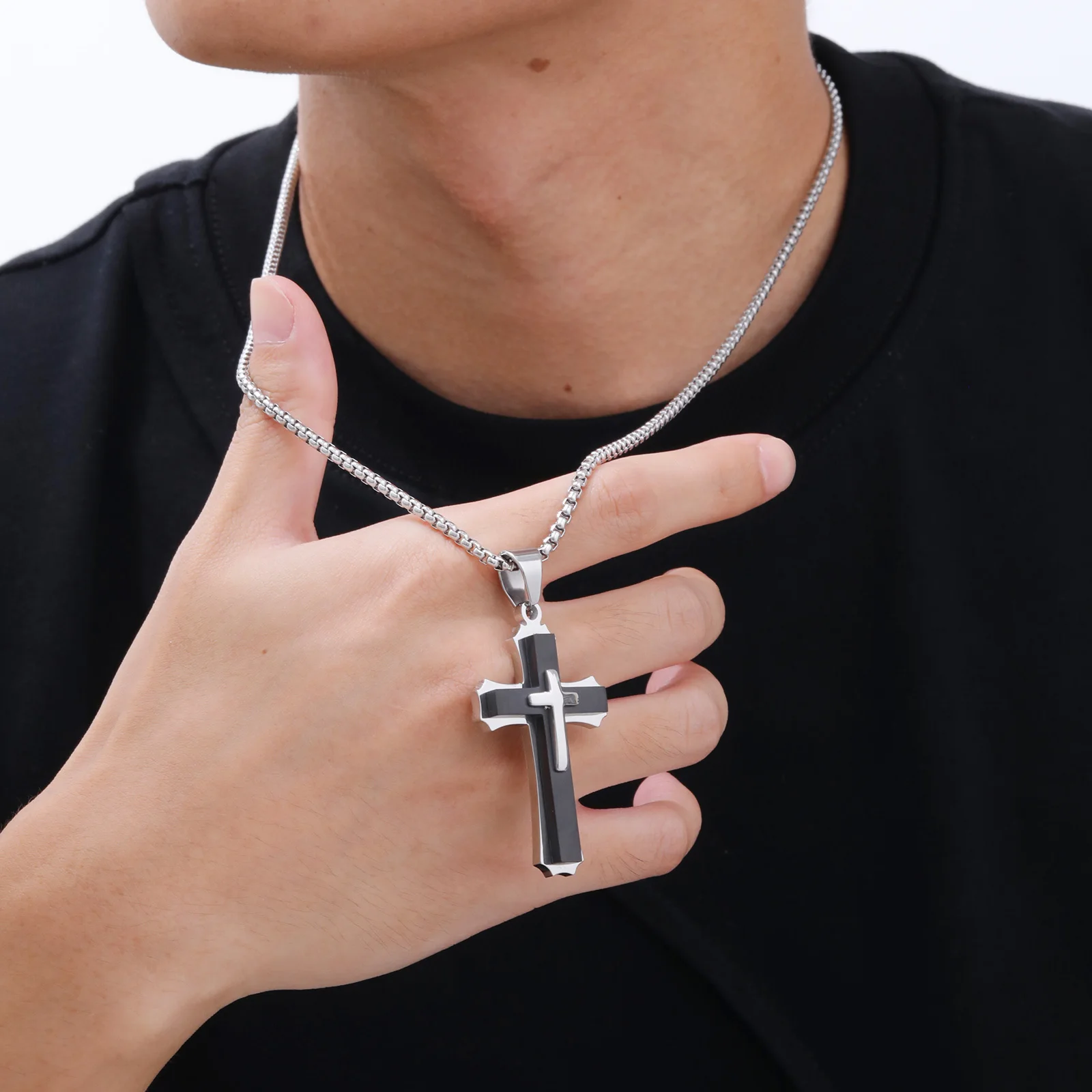 3D Cross Pendant Necklaces for Men Boys,Black Gold Color Stainless Steel Cross Necklace,Hiphop Punk Party Gift