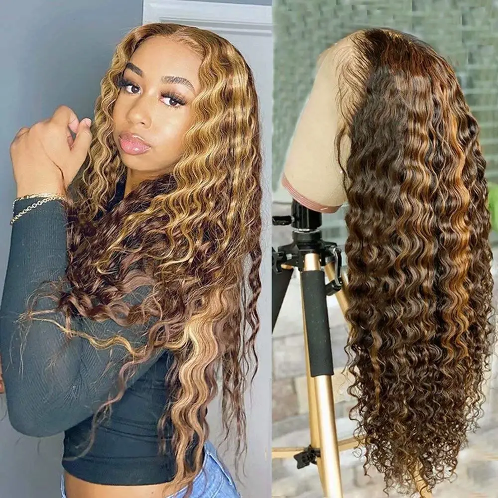 

TRACY HAIR Highlight Wig Human Hair 13x4 Deep Wave Honey Blonde Lace Front Wigs For Women Ombre Colored Curly Lace Frontal Wig