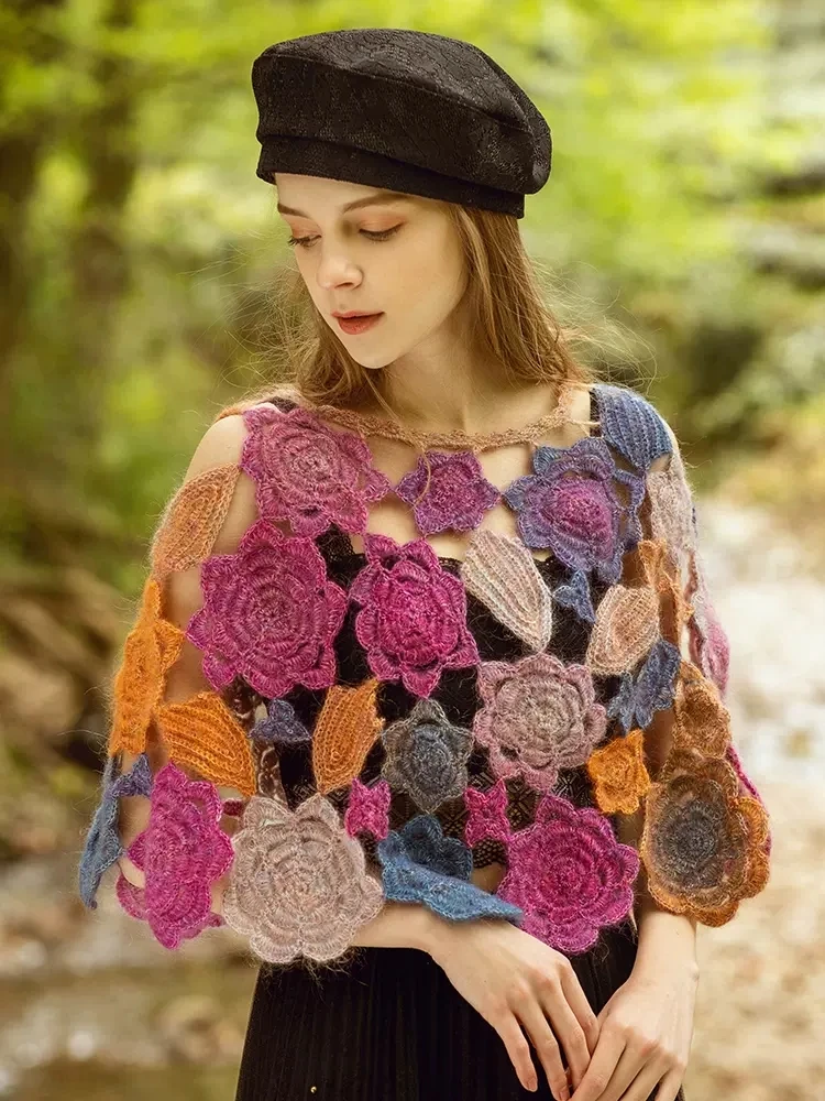 Gancho feito à mão flor outono inverno vintage capa com flor tridimensional oco malha bat cape cachecol feminino