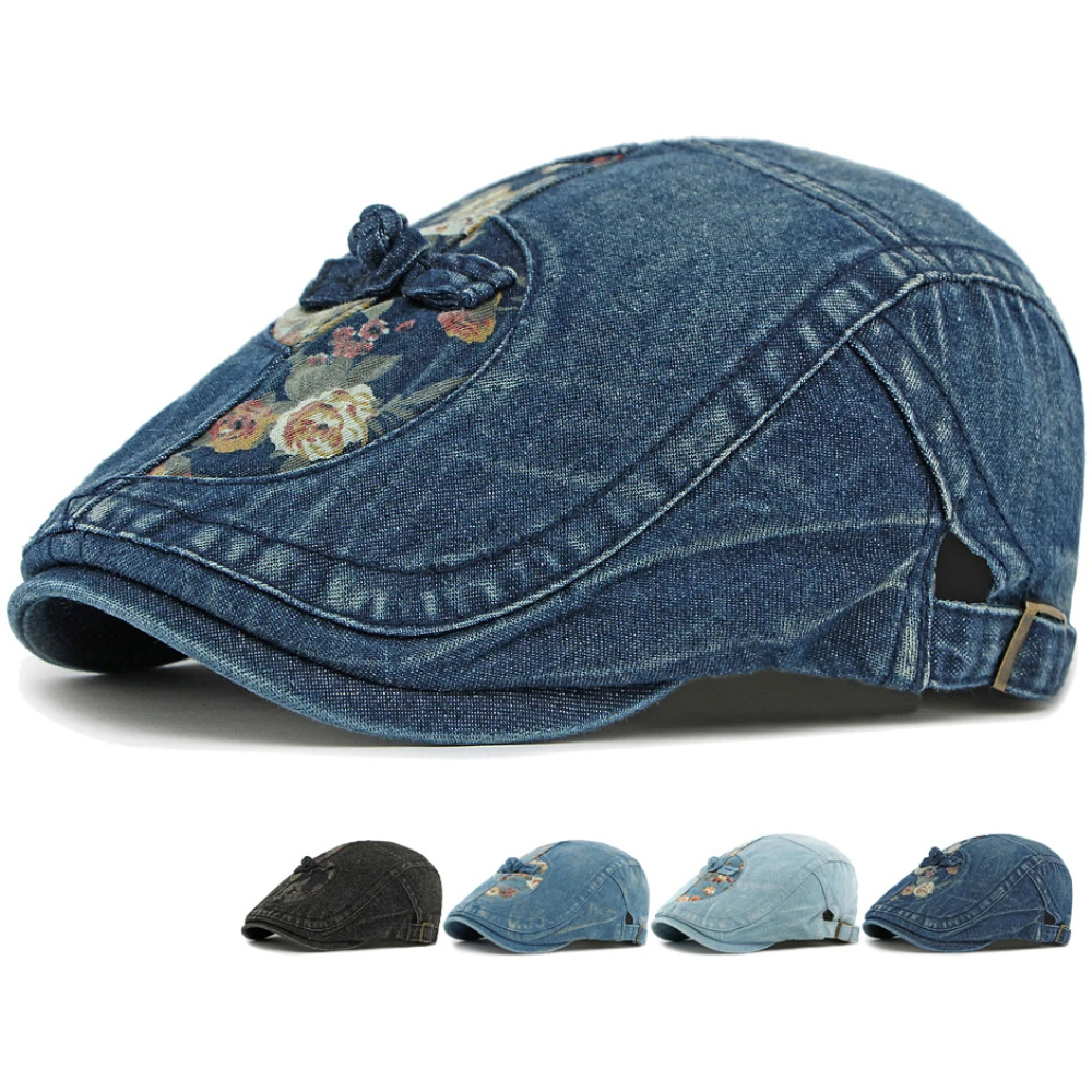 

HT4885 Beret Cap New Spring Autumn Denim Beret Hat Adjustable Retro Floral Ivy Flat Cap Male Female Cotton Berets for Men Women
