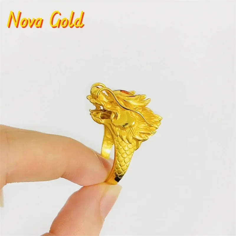NovaGlod 9999 24K Pure Gold Jewelry Zodiac Dragon Head Adjustable Ring with Engraved Dragon Design, Fashionable
