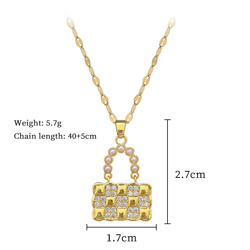 Stainless Steel Fashion Luxury Zircon Pearl Bag Pendant Necklace Suitable for Women to Wear Daily Holiday Jewelry