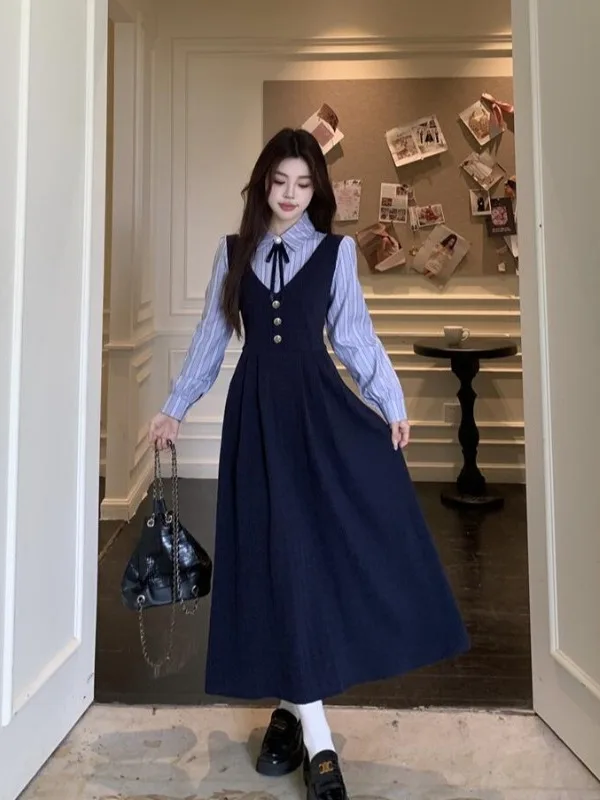 

plus Size College Sle irt Dr Women's Autumn Winter Slimming Waist A-Line Long Dr Fake Two-Piece Long Sve Commute...