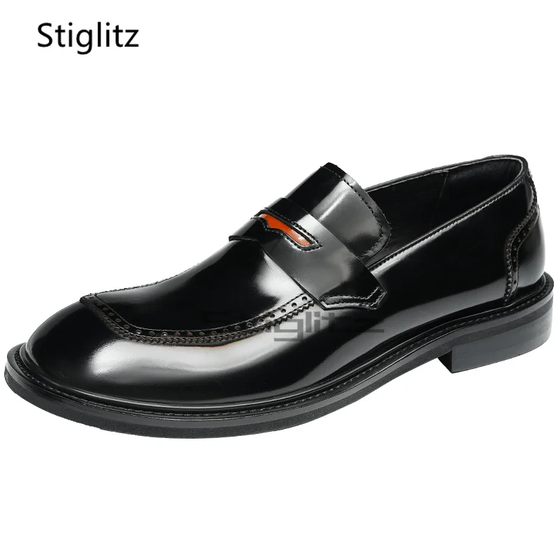 

Bright Leather Men's Dress Shoes Genuine Cow Leather Business Casula Shoes Autumn New Slip On Brogue Office Party Shoes Male
