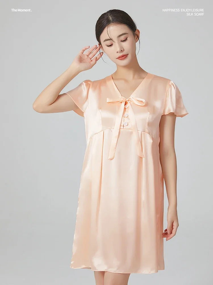 

100% Natural Silk Short-sleeved Nighties V-neck Nightgown Bow Tie Outside Sexy Nightwear Soft Sleepwear Lingerie Mini Chemise