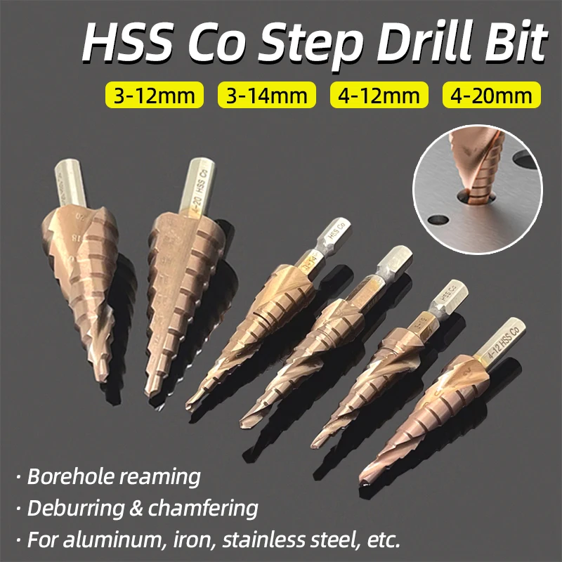 HSS CO M35 الكوبالت خطوة مثقاب الخشب مدبب دوامة مستقيم الأخدود مخروطي المرحلة الحفر الفولاذ المقاوم للصدأ المعادن ثقب القاطع مخروط أداة