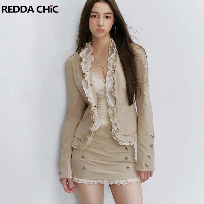 REDDACHiC Classic Khaki Frilly Jacket Skirt Matching Set Women Lace Trim Buttoned Jacket Napoleon Mini Bodycon Skirt Fall Outfit