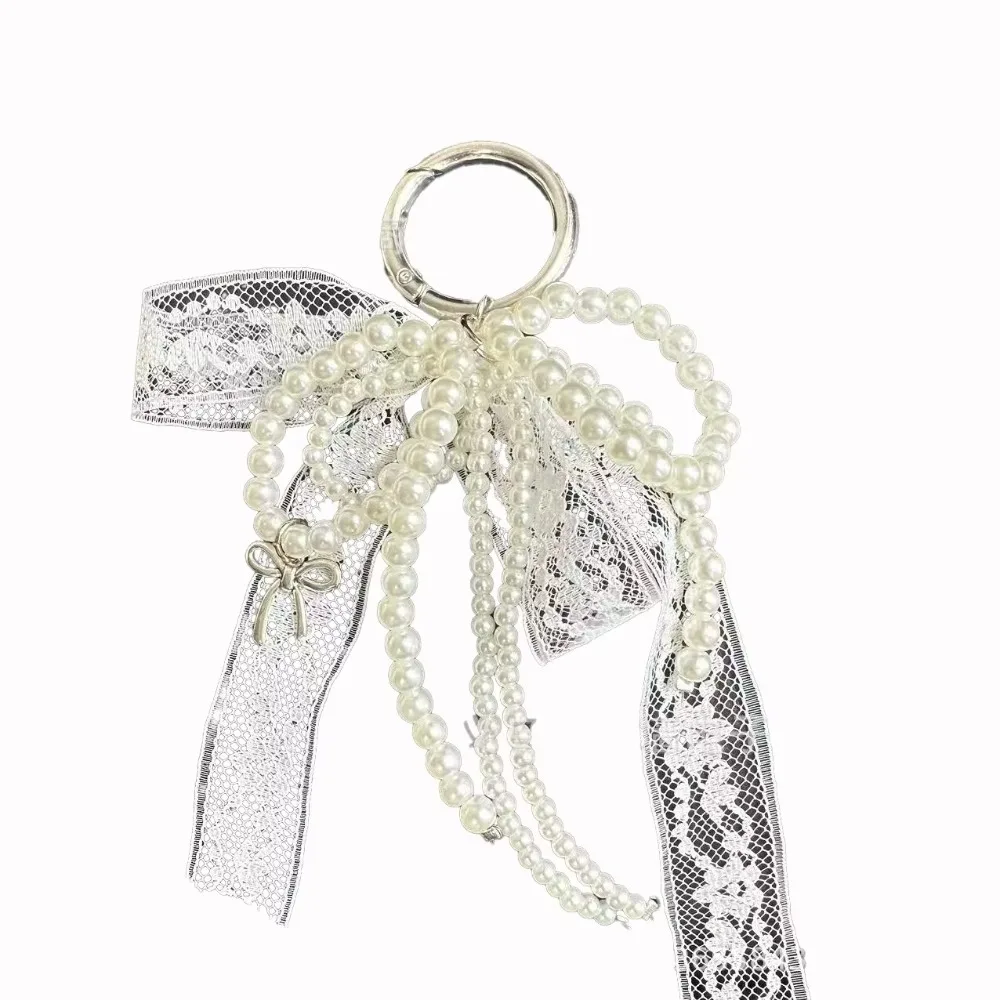 

fashion Lace Keychain Bow White/Black Pearl Beaded Pendant Phone Chain Gift