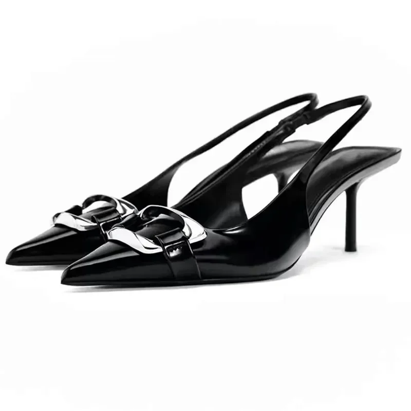 

Модные женские туфли на высоком каблуке с металлической квадратной пряжкой, пикантные туфли-лодочки с острым носком и ремешком сзади, элегантные офисные дизайнерские сандалии