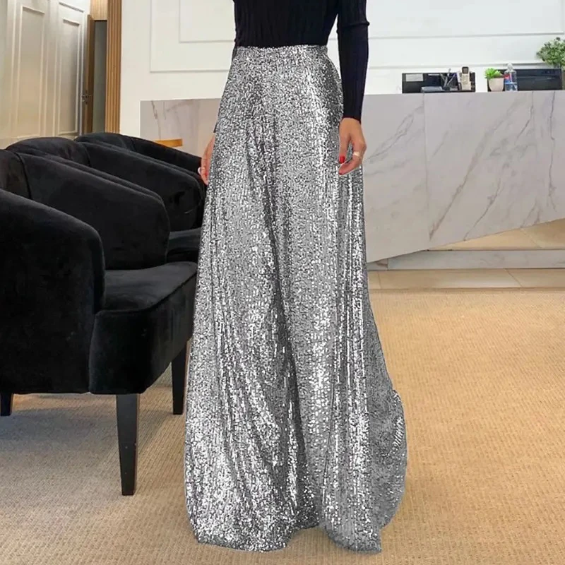 OMSJ Elegant Lady Cocktail Party Commuting 2024 Newest Sequin Glitter High-waisted Fashion Loose Straight Wide Leg Women\'s Pants