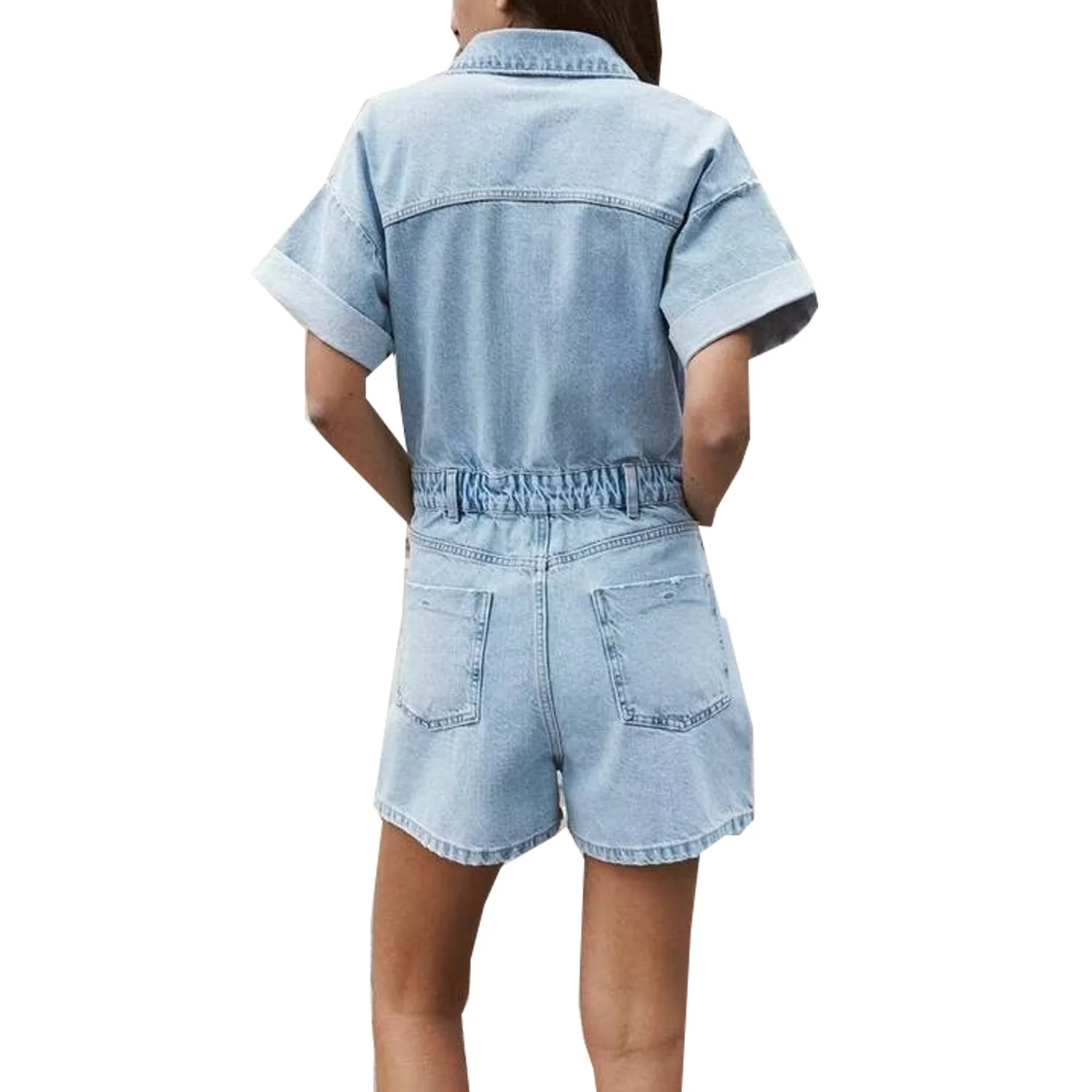 Women\'s clothing new short denim jumpsuit pocket decoration single breasted design casual versatile jumpsuit