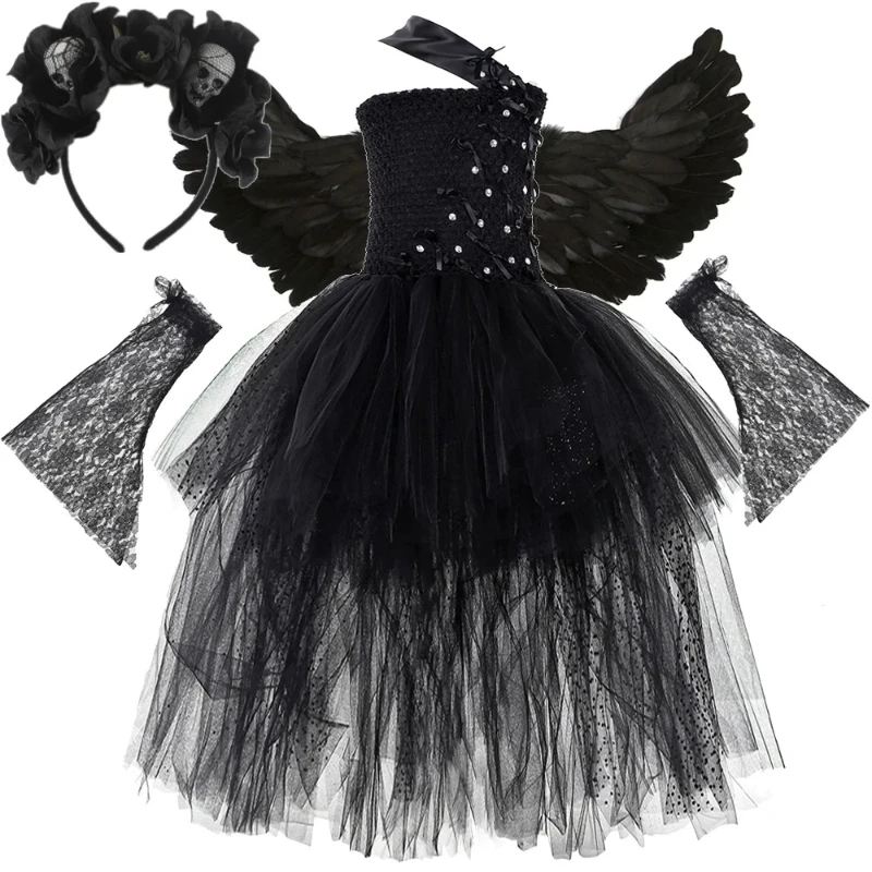 High Low Angel of Death Halloween Costumes Girls Tutu Outfits with Feather Wings Skull Bow Lace Sleeves Kids Black Angel Dresses