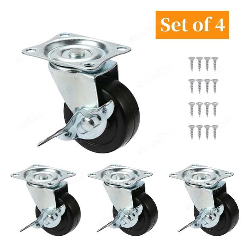 Set Of 4 1-2inch Caster Wheels PVC Universal Casters 360 Degrees Swivel Stem Wheels with Brake for Carts Furniture Trolley