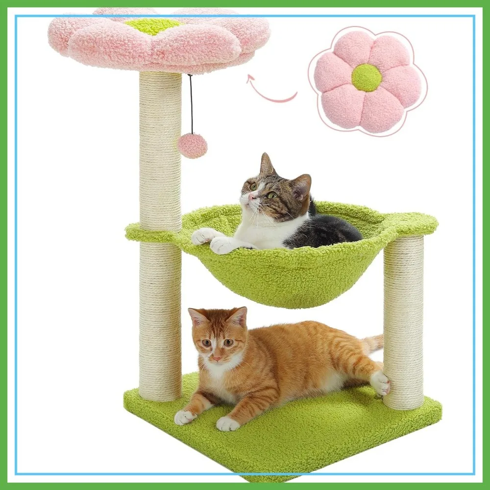 

Flower Cat Tree, 28" Cat Tower with Cozy Perch, Large Hammock, Sisal Scratching Post, Fur Toy Ball for Small Cats, Pink