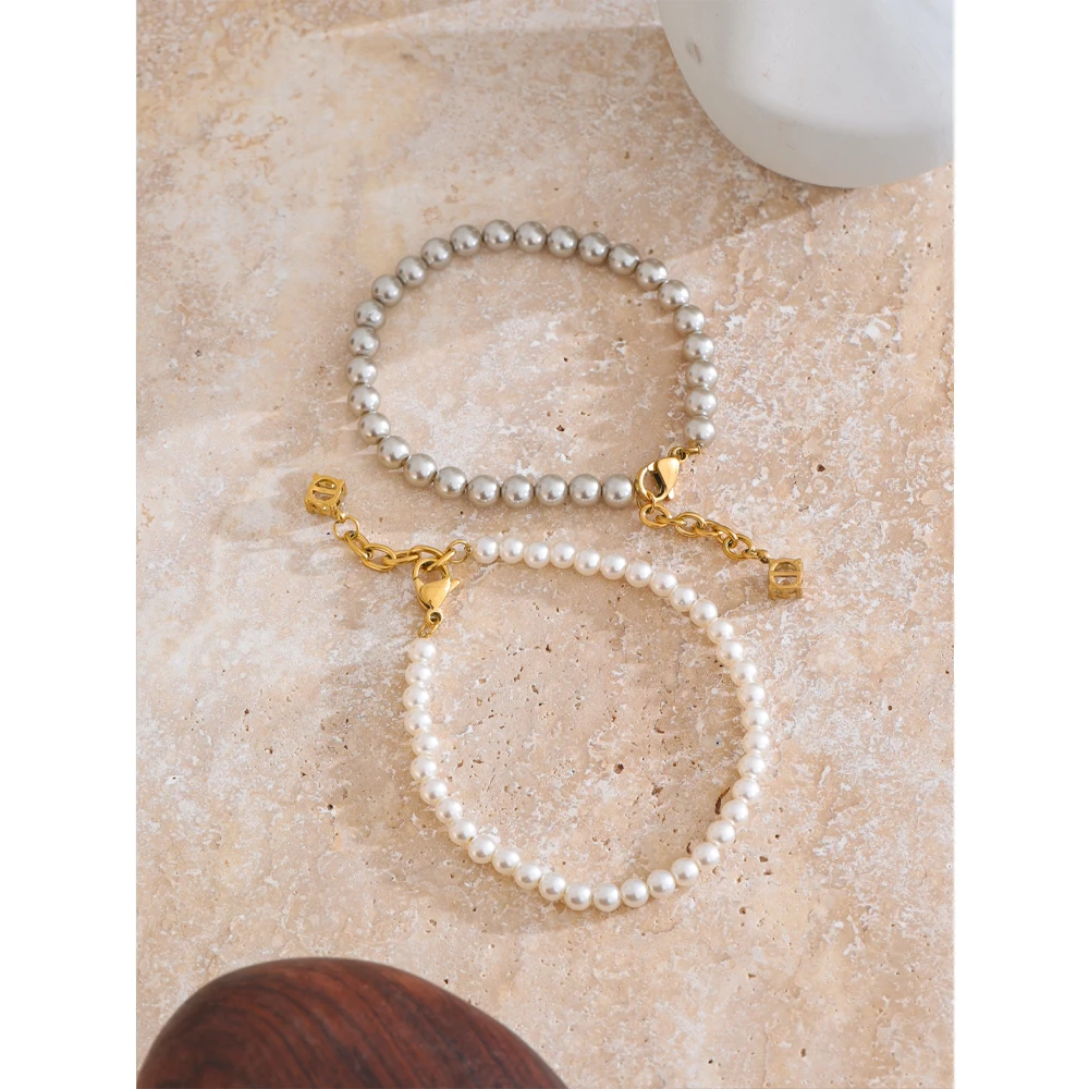 Yhpup High Quality Simulated Pearls Beads Zircon Handmade Exquisite Chain Bracelet Women Stainless Steel Elegant Korean Jewelry