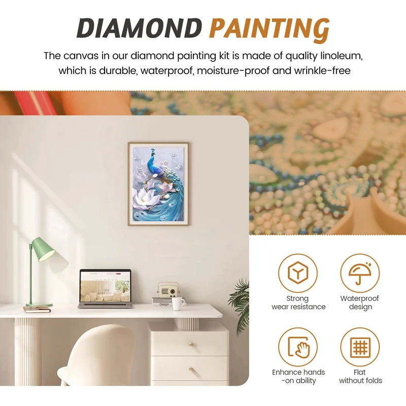 Round Diamond Full Diamond Diamond Painting Set DIY Set Living Room Kitchen Decoration Peacock Flower