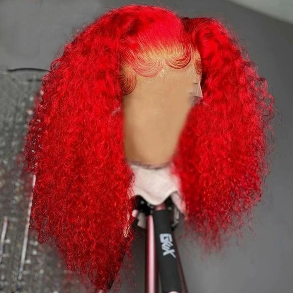 Wig Depan Renda Prepucked Tanpa Lem Merah Keriting Pendek Sintetis untuk Wanita dengan Rambut Bayi Wig Rambut Serat Tahan Panas Pakaian Daliy