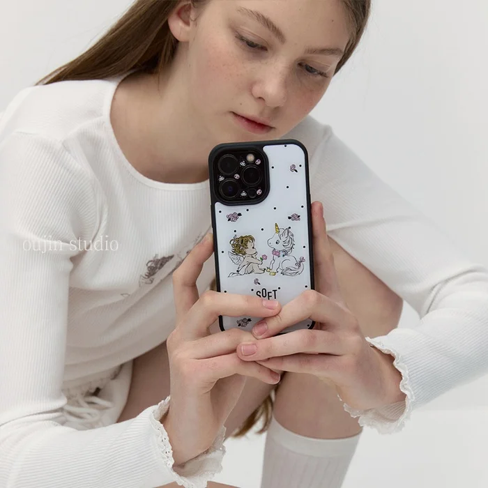 

South Korea Instagram Day Unicorn small floral phone case for 15promax/14 New iPhone15pro Girl Heart 15 phone case 14promax/13