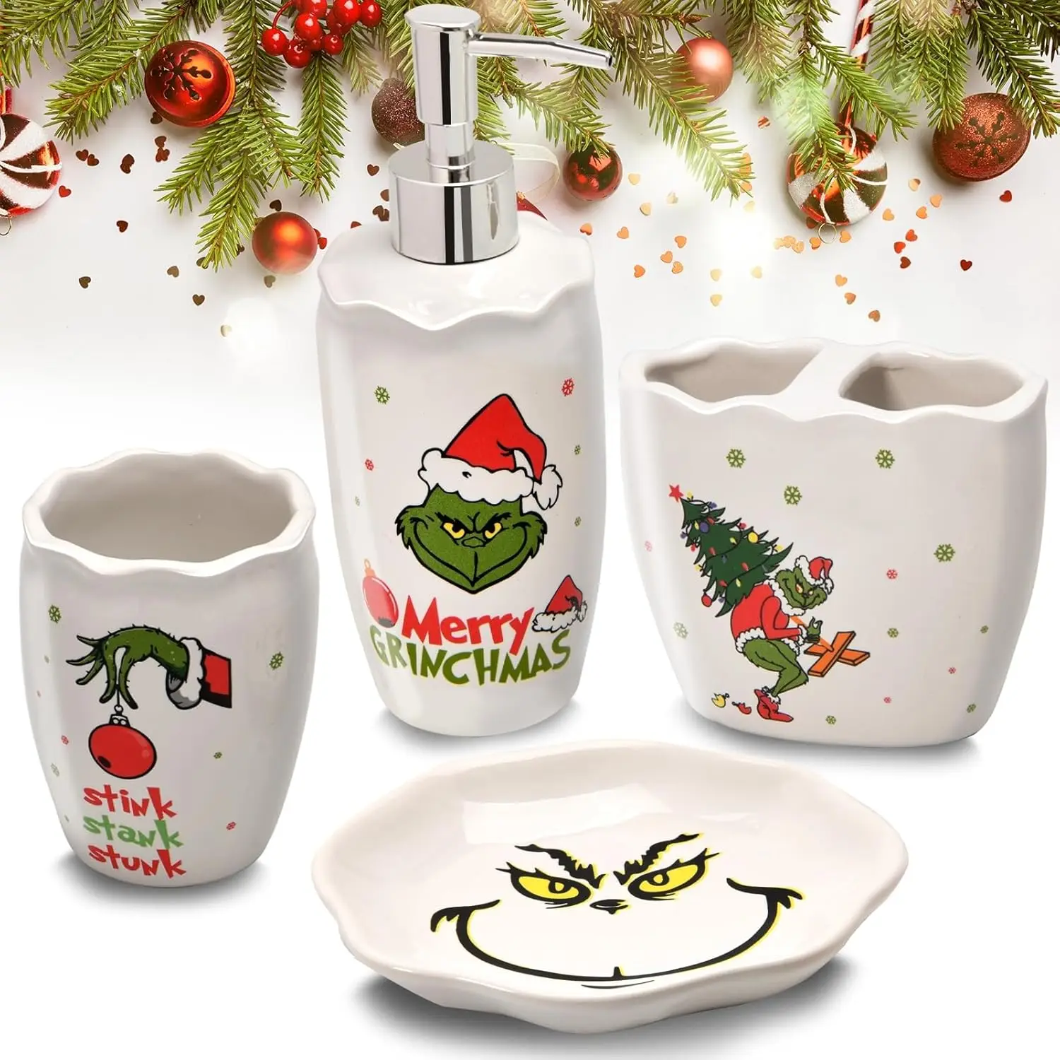 

4-Piece Ceramic Christmas Bathroom Set: Soap Dispenser, Dish, Toothbrush Holder - Festive Decor & Gift
