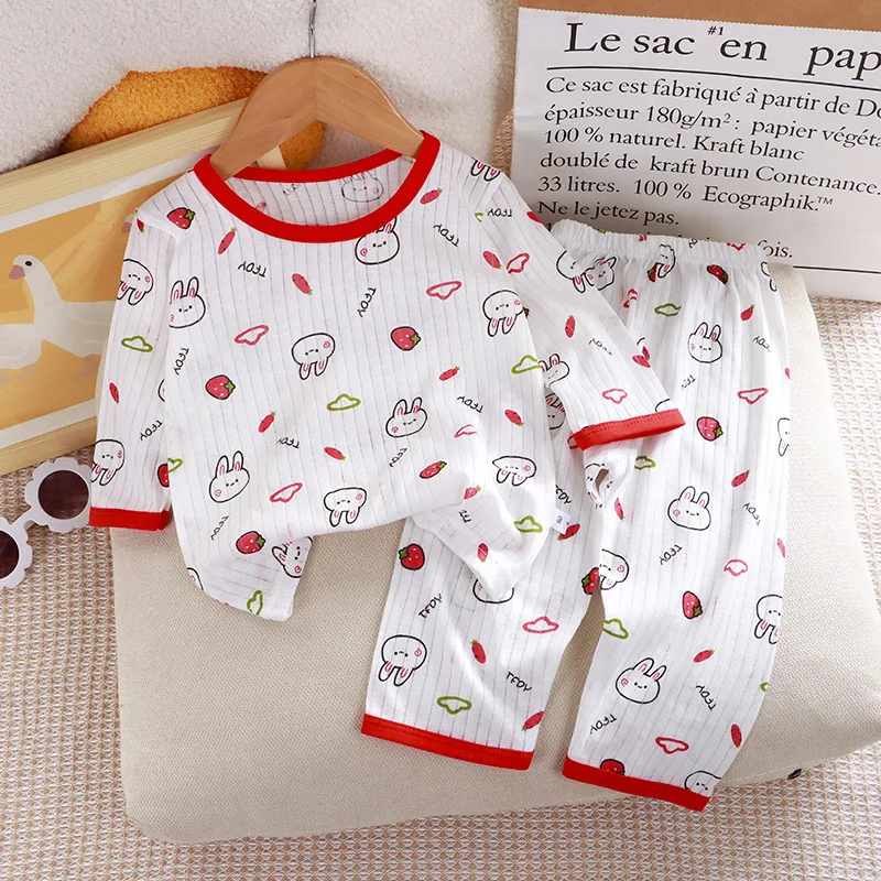 2024 New Children\'s Pure Cotton Home Clothes Set Boys Girls Three-quarter Sleeve Pajamas Thin Air-conditioned Clothes