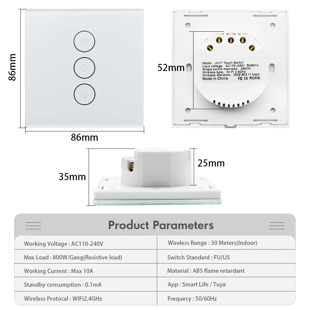 Tuya Wifi Smart Touch Light Switch Timer Wireless Remote LED Light Switches Neutral Wire Required 1-3 Gang Alexa Google Home AC