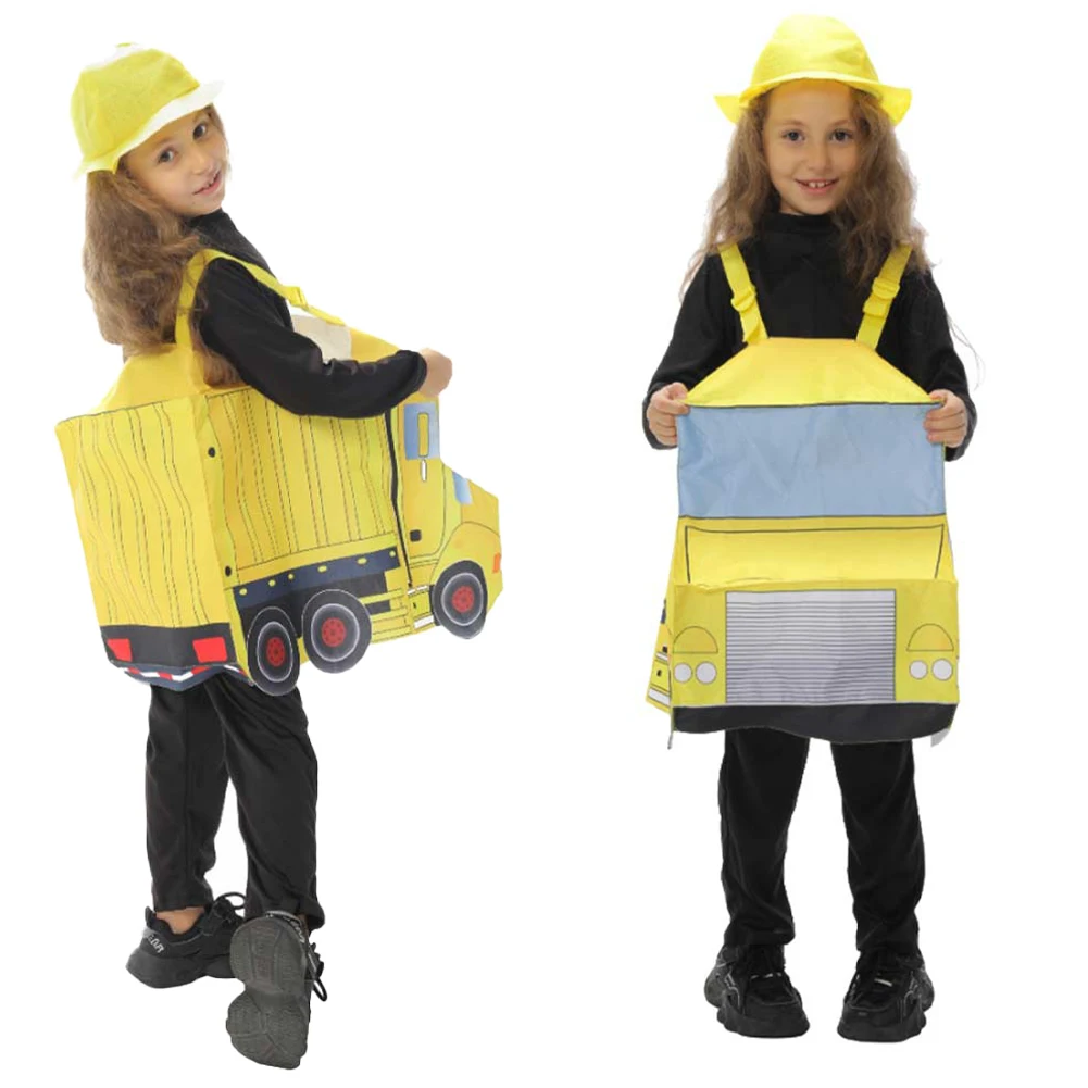 

Halloween Engineering Vehicle Cosplay Girls Boys Costume Yellow Top Overalls Safety Hat Children Carnival Party Roleplay Outfits