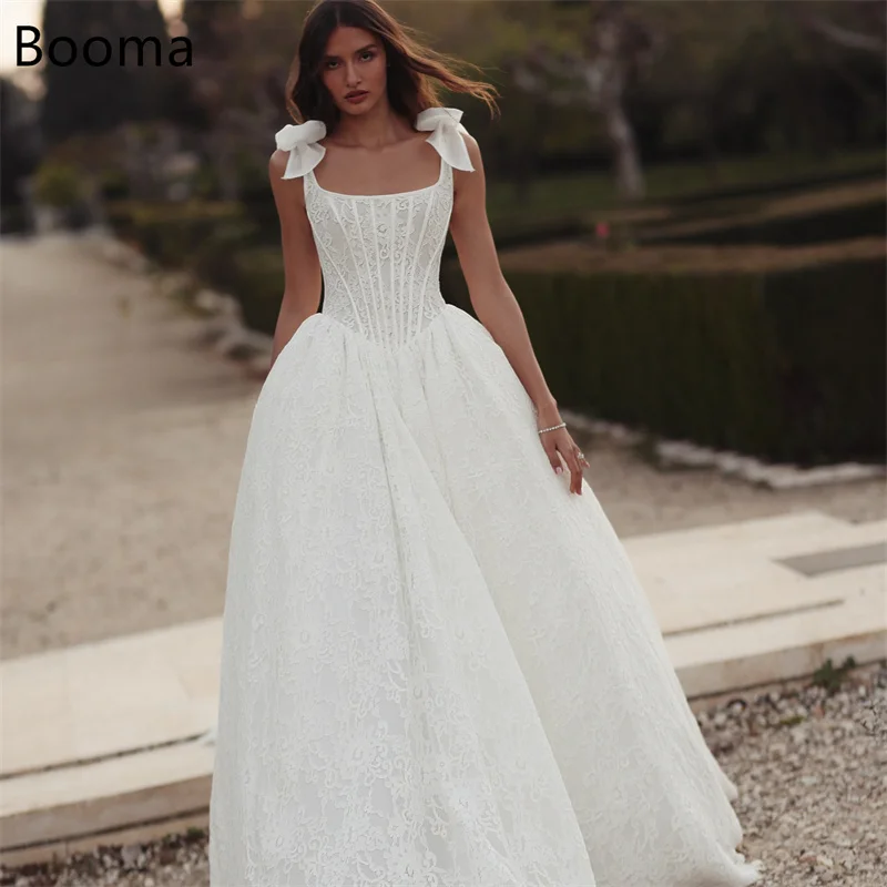 

Booma A-Line Long Bow Elegant Lace Spaghetti Strap Wedding Dresses Sleeveless Brides Gown Custom Made 2025