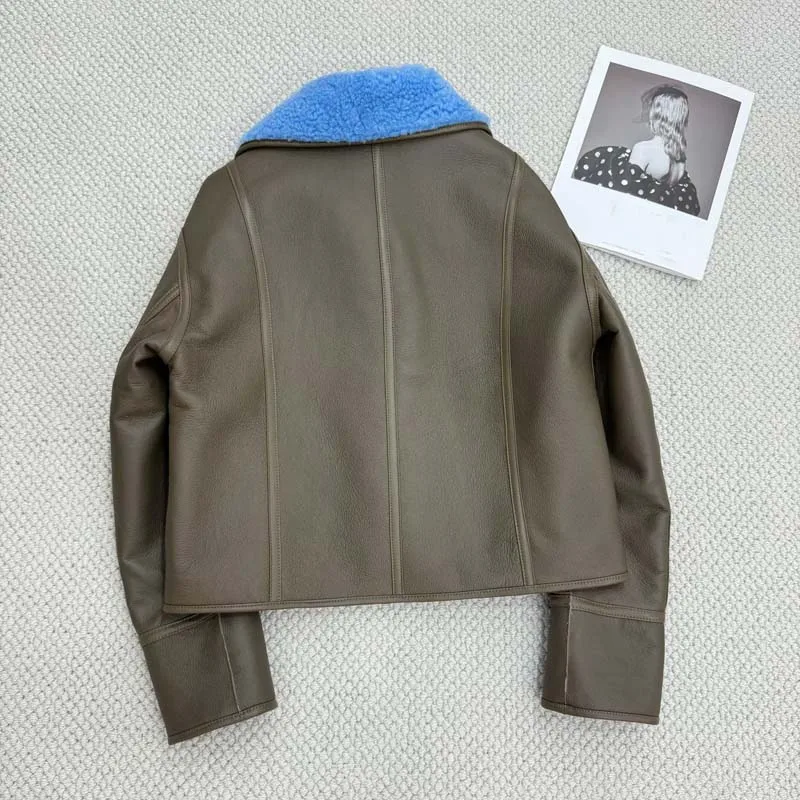 women coat spring natural real sheep fur jacket turn-down collar clothes short length thick warm Single-row buckle