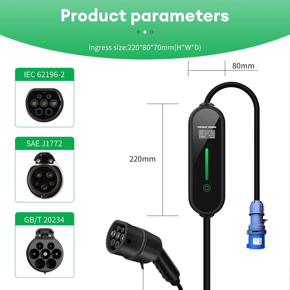 Acodo Portable EV Charger Wallbox Type2 Cable 32A 7KW with CEE Plug EVSE Type1 Charging Box j1772 Adapter for Electric Vehicle