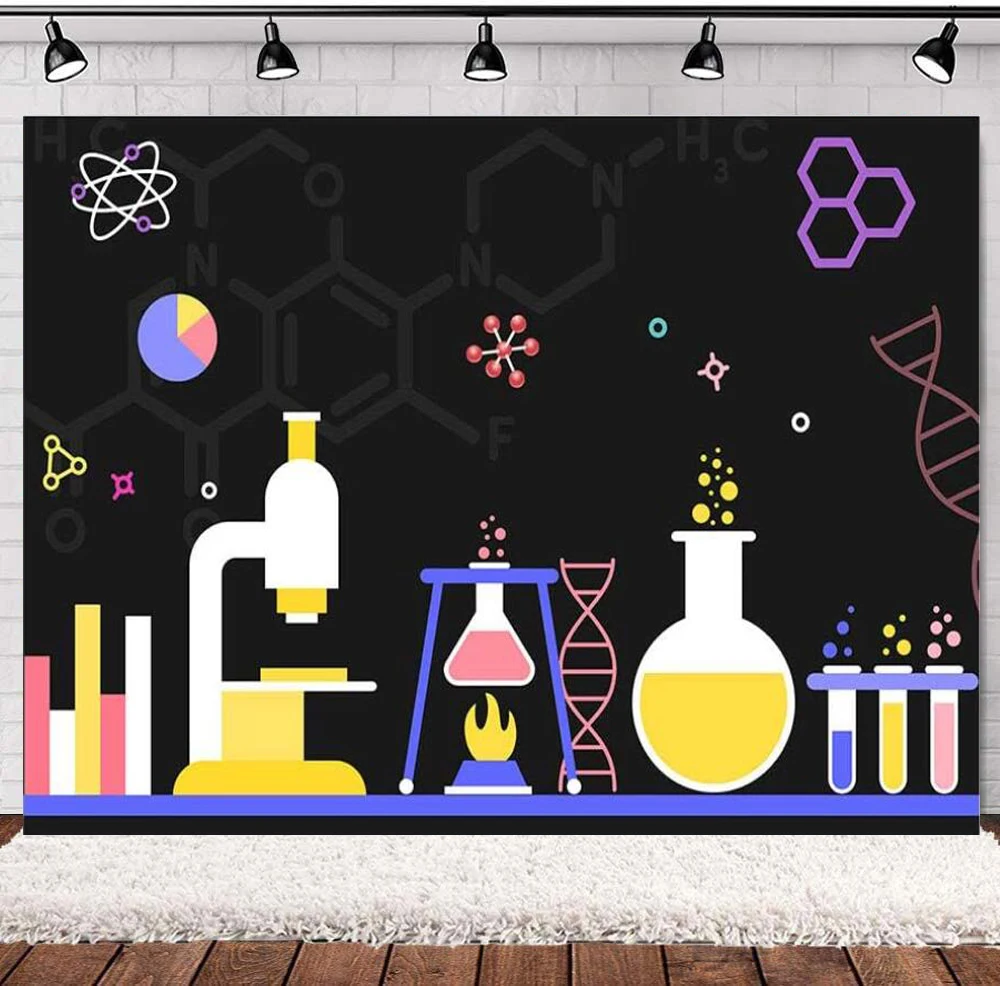 

Photography Backdrop Birthday Party Decor Banner Supplies Mad Science Scientist Subject Black Background School Poster