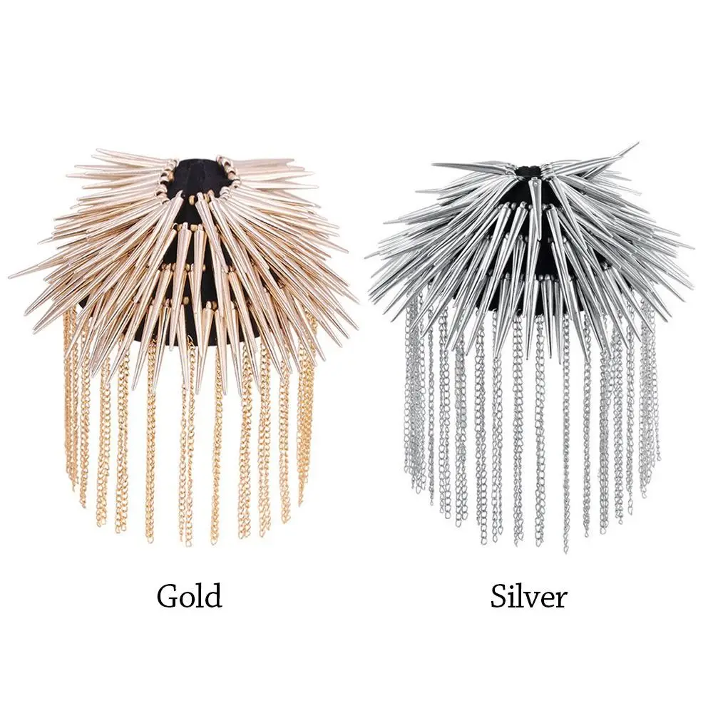 Tassel Chain Shoulder Board Badges Beads Punk Goth Rivet Spike Stud Epaulet Shoulder Metal Brooch for Man Suit
