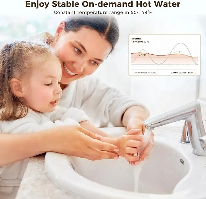 CAMPLUX Pro ME25B 온디맨드 2.5갤런 미니 전기 온수기 1.44kW 120V 가정용 코드 플러그 포함